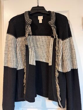 Chico's Black and Cream Fringe Open-Front Cardigan